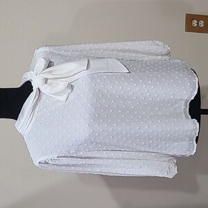 Riley & Rae White Swiss Dot Bow Neck Blouse